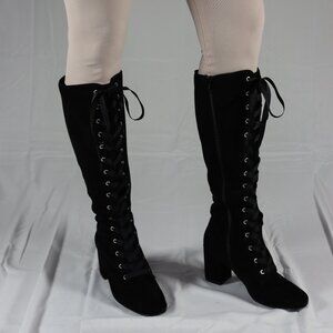 Knee High Front Lace Detail Vegan Black Suede Boots 6-1/2 Chunky High Heel